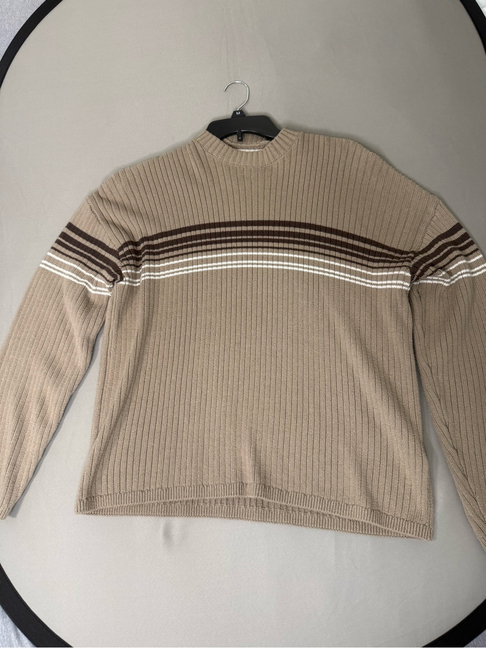 Hollister Beige Ribbed Crewneck Sweater with Brown & White Stripes